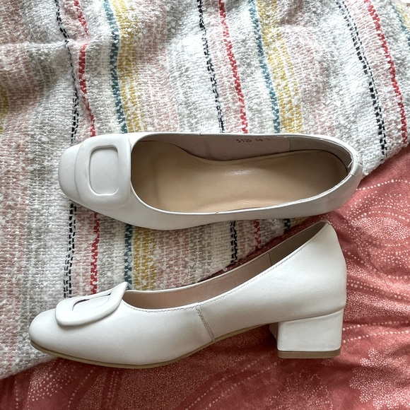 Handmade White Block Heels w/Faux Buckle, 2” Heel. Purchased for $90 on Etsy. - Picture 2 of 9